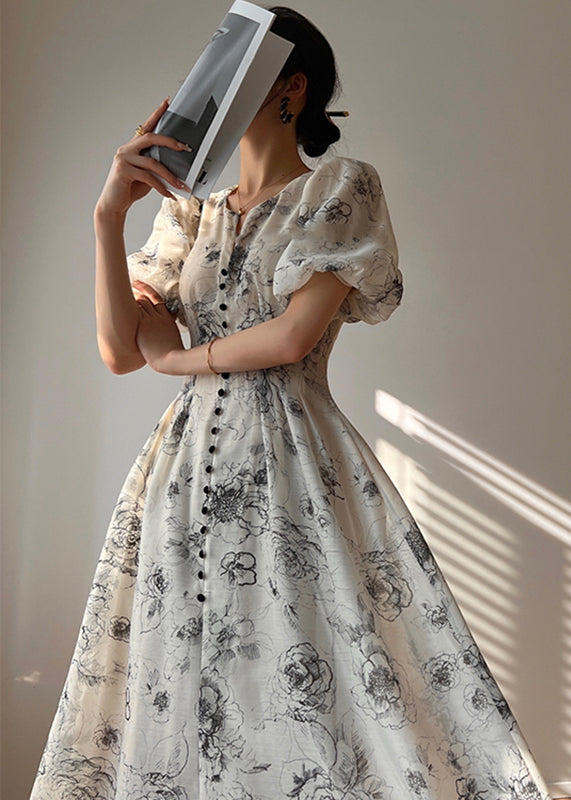 V-Neck Puff Shoulder Button Front Toile Floral Pocket Fit Flare Midi Dress