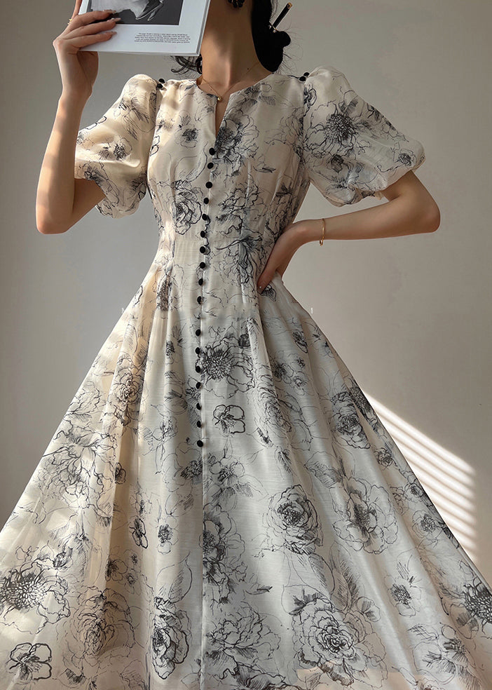 V-Neck Puff Shoulder Button Front Toile Floral Pocket Fit Flare Midi Dress