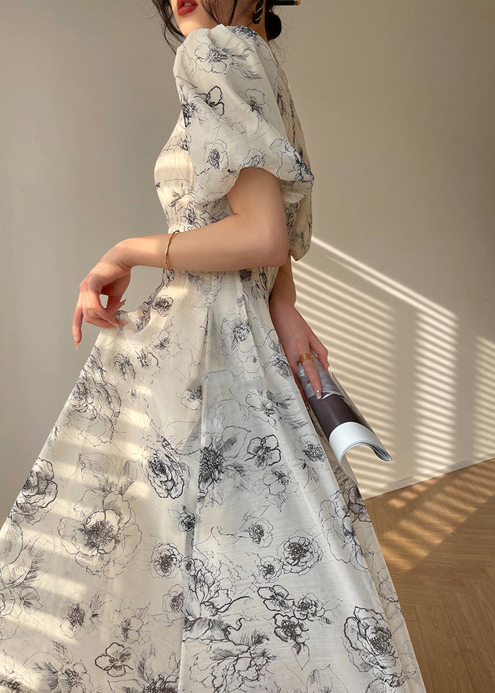 V-Neck Puff Shoulder Button Front Toile Floral Pocket Fit Flare Midi Dress