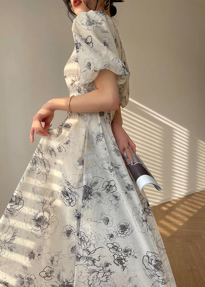 V-Neck Puff Shoulder Button Front Toile Floral Pocket Fit Flare Midi Dress
