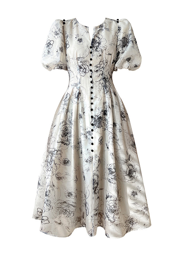 V-Neck Puff Shoulder Button Front Toile Floral Pocket Fit Flare Midi Dress