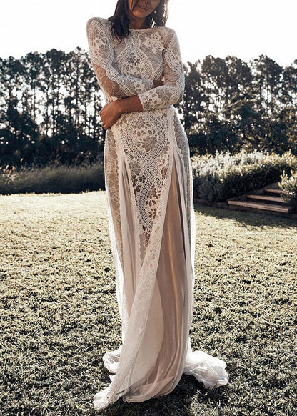 Halter Deep V Backless Hollow Lace Tiered Maxi Dress