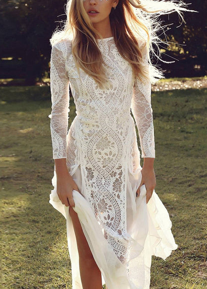 Halter Deep V Backless Hollow Lace Tiered Maxi Dress