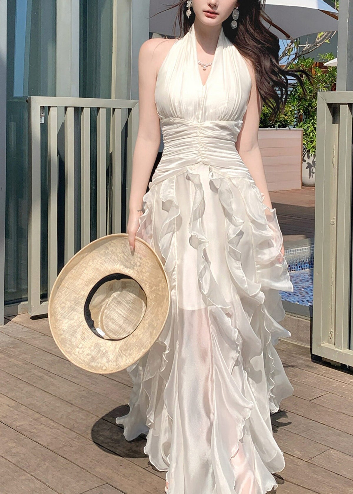 Halter Plunging V Neck Ruched Bodice Tiered Ruffle Maxi Gown