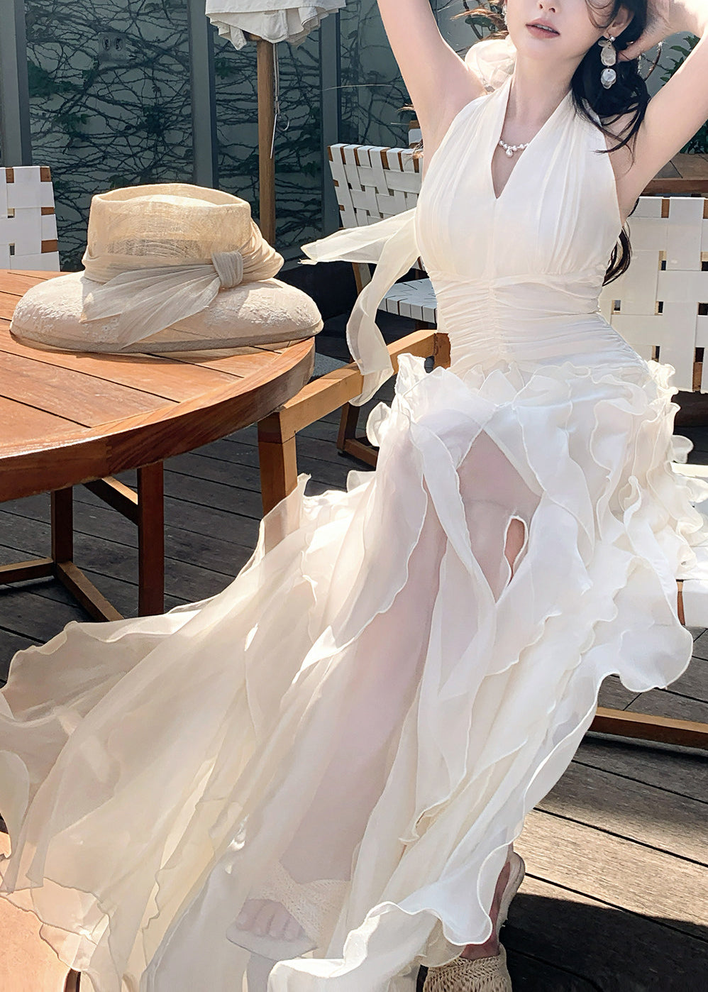 Halter Plunging V Neck Ruched Bodice Tiered Ruffle Maxi Gown