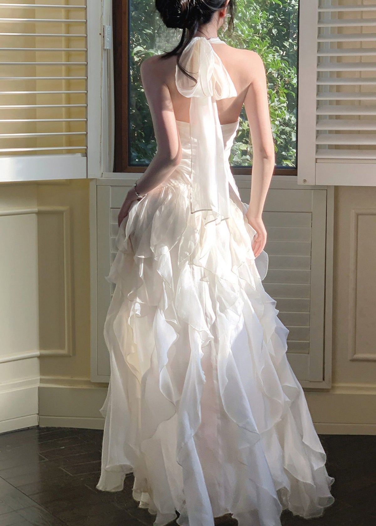 Halter Plunging V Neck Ruched Bodice Tiered Ruffle Maxi Gown