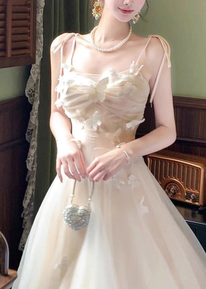 Butterfly Applique Ruched Tie Strap Tulle Maxi Dress