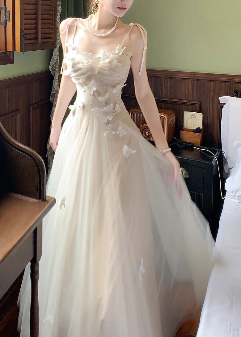 Butterfly Applique Ruched Tie Strap Tulle Maxi Dress