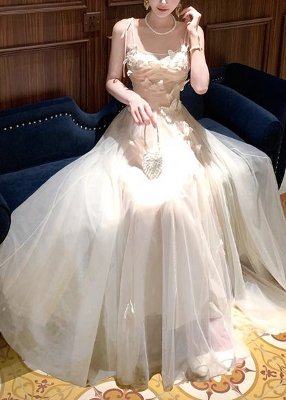 Butterfly Applique Ruched Tie Strap Tulle Maxi Dress