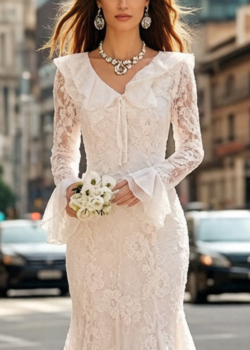 V-Neck Ruffle Collar Bell Cuff Lace Mermaid Floor-Length Gown