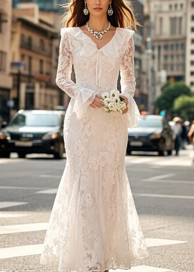 V-Neck Ruffle Collar Bell Cuff Lace Mermaid Floor-Length Gown