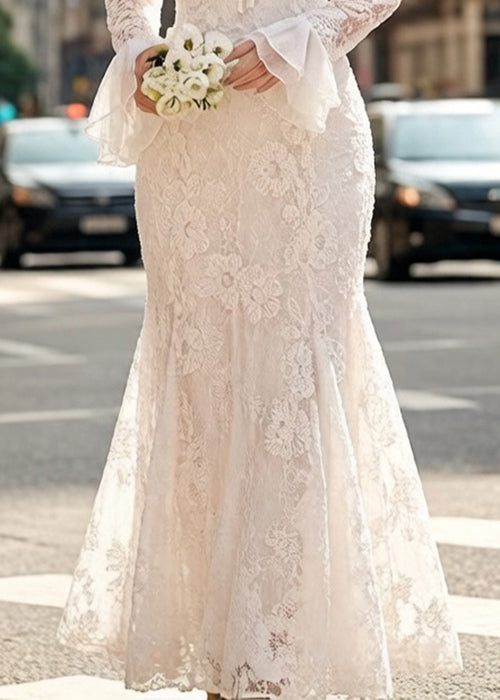 V-Neck Ruffle Collar Bell Cuff Lace Mermaid Floor-Length Gown