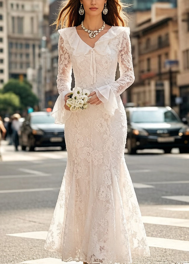 V-Neck Ruffle Collar Bell Cuff Lace Mermaid Floor-Length Gown