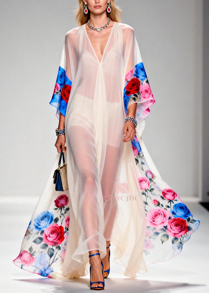 Deep V-Neck Kimono Sleeve Floral Border Print Sheer Kaftan Gown