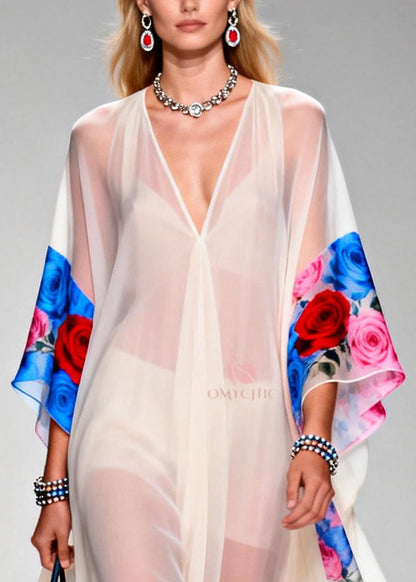 Deep V-Neck Kimono Sleeve Floral Border Print Sheer Kaftan Gown