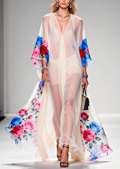 Deep V-Neck Kimono Sleeve Floral Border Print Sheer Kaftan Gown