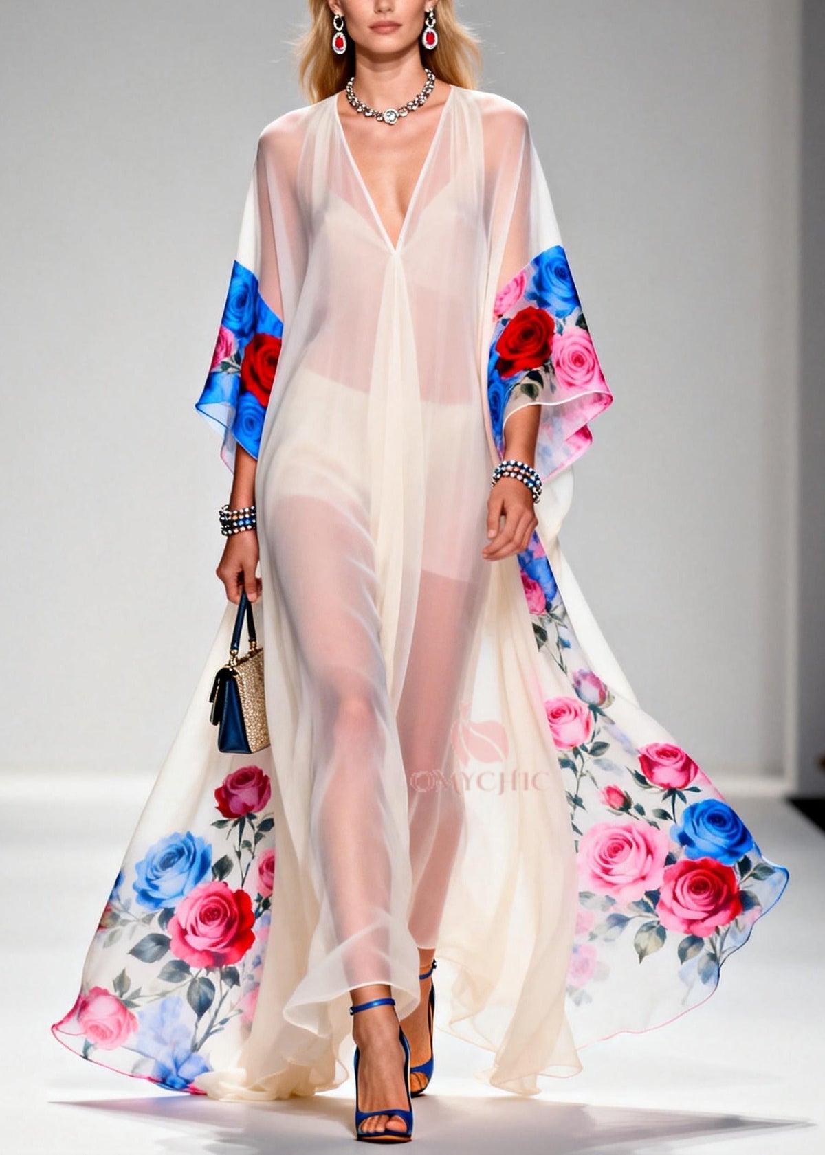 Deep V-Neck Kimono Sleeve Floral Border Print Sheer Kaftan Gown
