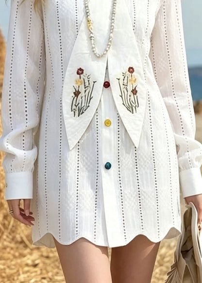 Point Collar Eyelet Stripe Button Down Scarf Hem Shirt Dress