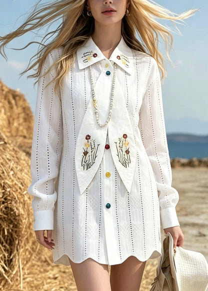 Point Collar Eyelet Stripe Button Down Scarf Hem Shirt Dress