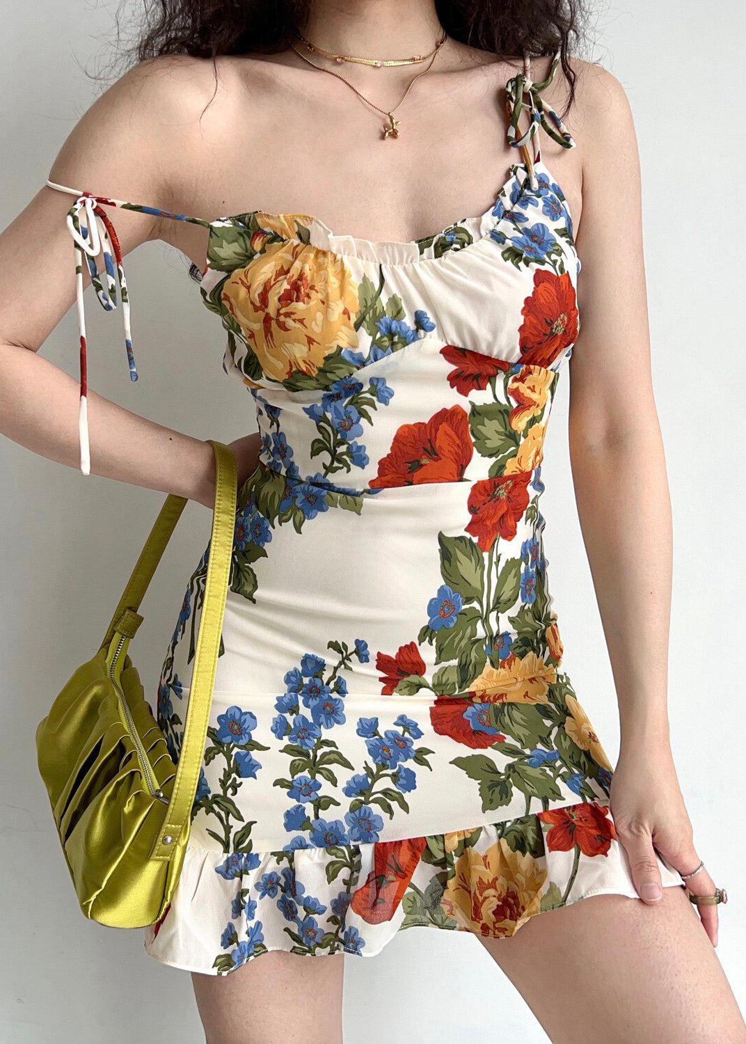 Gathered Scoop Neck Tie Shoulder Ruffle Hem Large Floral Print Mini Dress