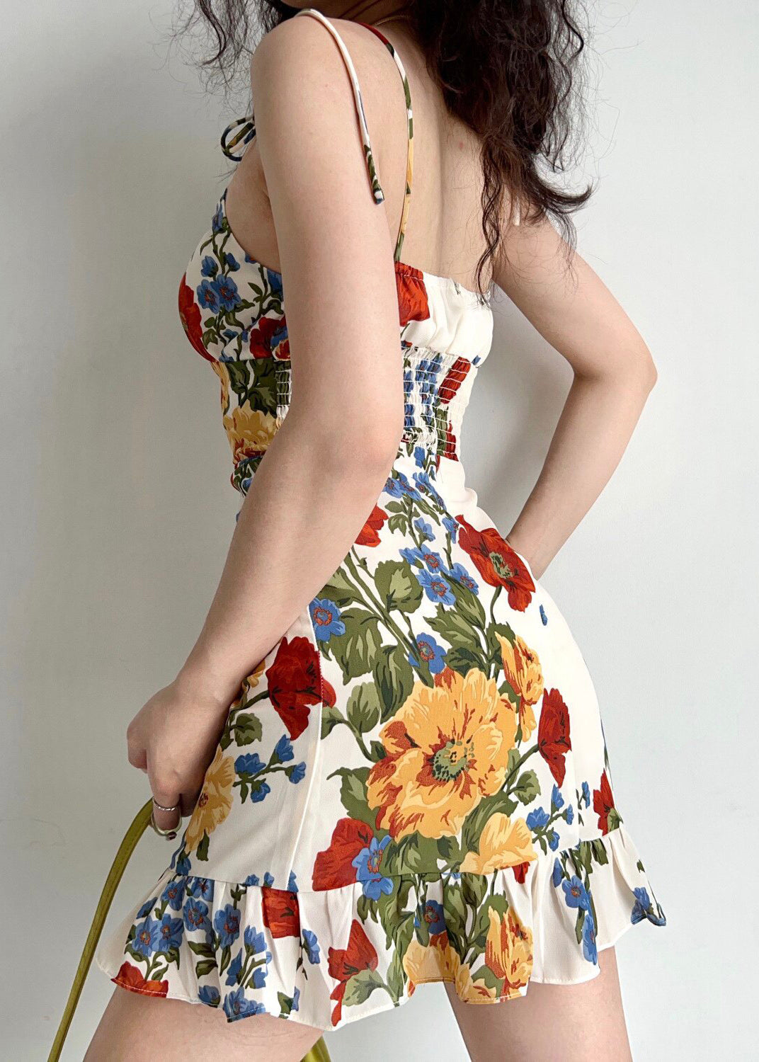 Gathered Scoop Neck Tie Shoulder Ruffle Hem Large Floral Print Mini Dress