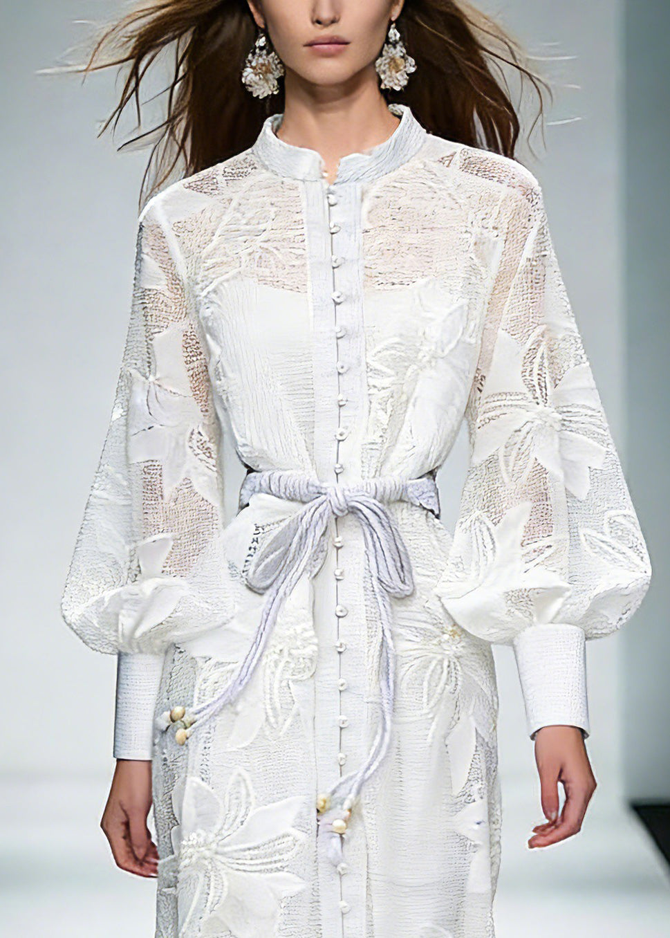 Stand Collar Floral Lace Bishop Sleeve Rope Belt Button Midi Dress