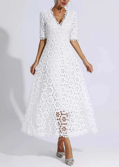Floral Eyelet V-Neck Scalloped Trim Short Sleeve Midi Dress