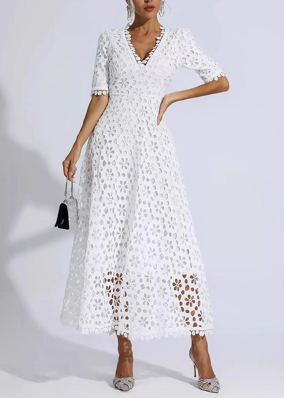 Floral Eyelet V-Neck Scalloped Trim Short Sleeve Midi Dress