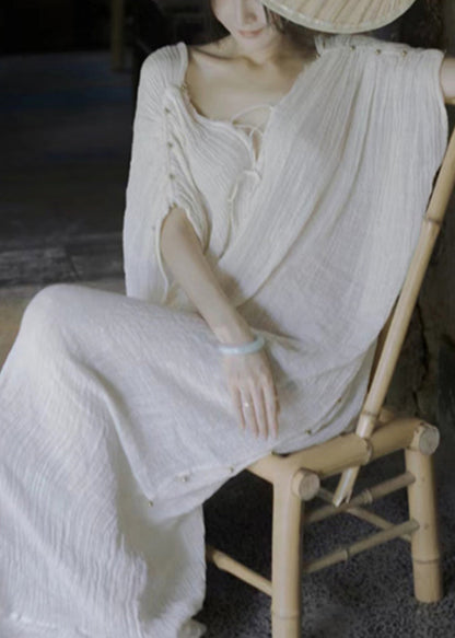 Open Back V-Neck Crinkle Gauze Oversized Maxi Dress