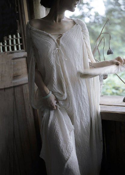 Open Back V-Neck Crinkle Gauze Oversized Maxi Dress
