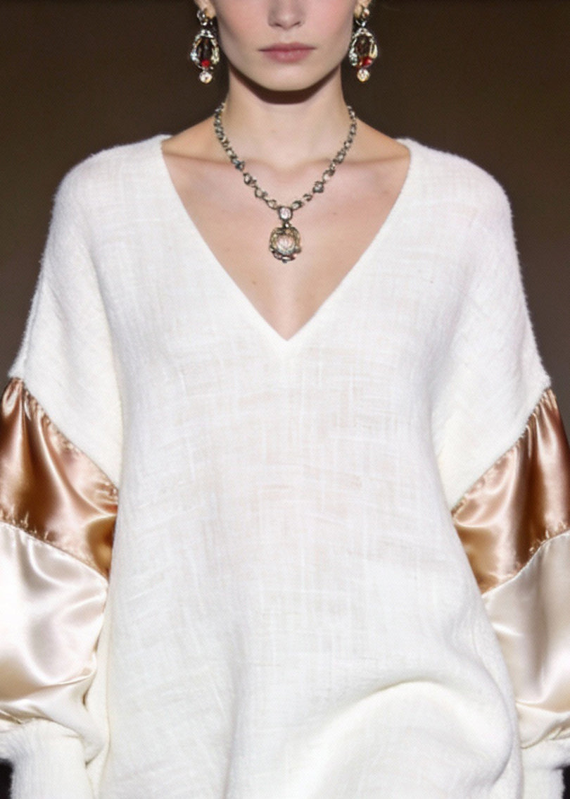 Deep V-Neck Contrast Metallic Panel Puff Sleeve Textured Mini Dress