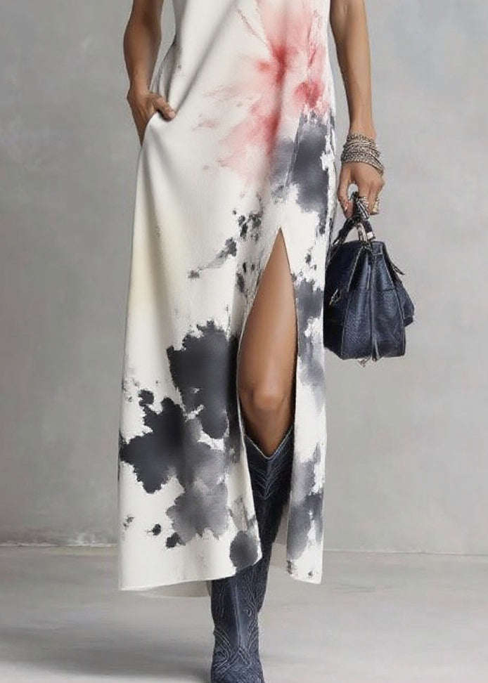 Sleeveless V-Neck Side-Slit Pocket Abstract Watercolor Print Maxi Dress