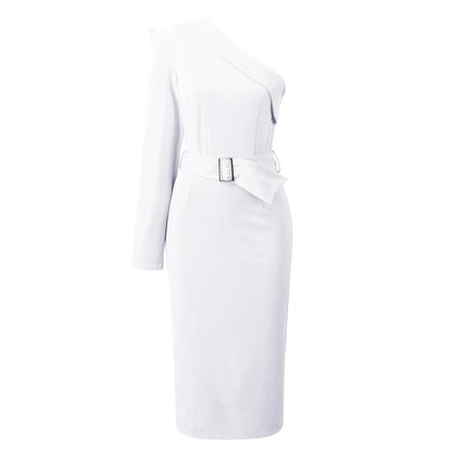One Shoulder Long Sleeve Buckle Belt Bodycon Midi Dress