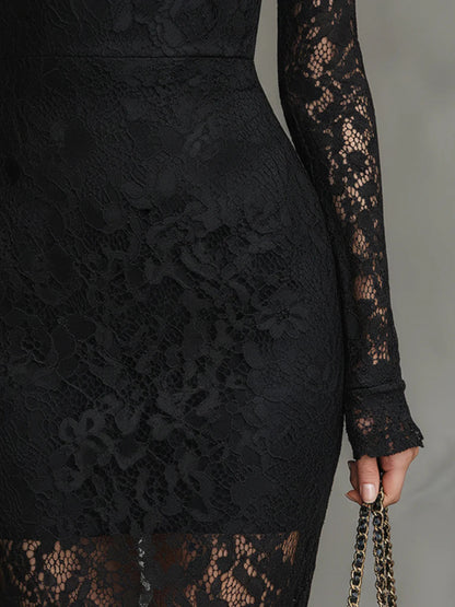 Mock Neck Long Sleeve Floral Lace Mermaid Ruffle Cuff Midi Dress