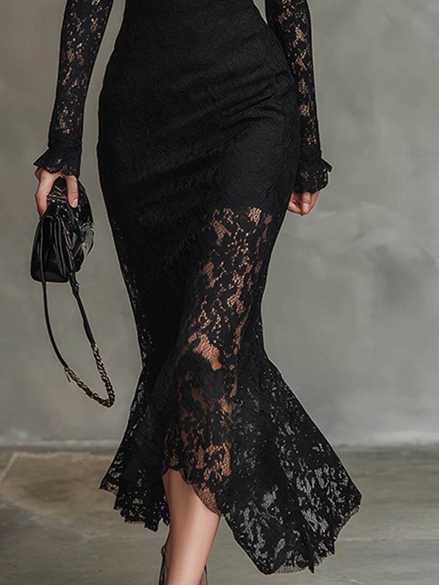 Mock Neck Long Sleeve Floral Lace Mermaid Ruffle Cuff Midi Dress