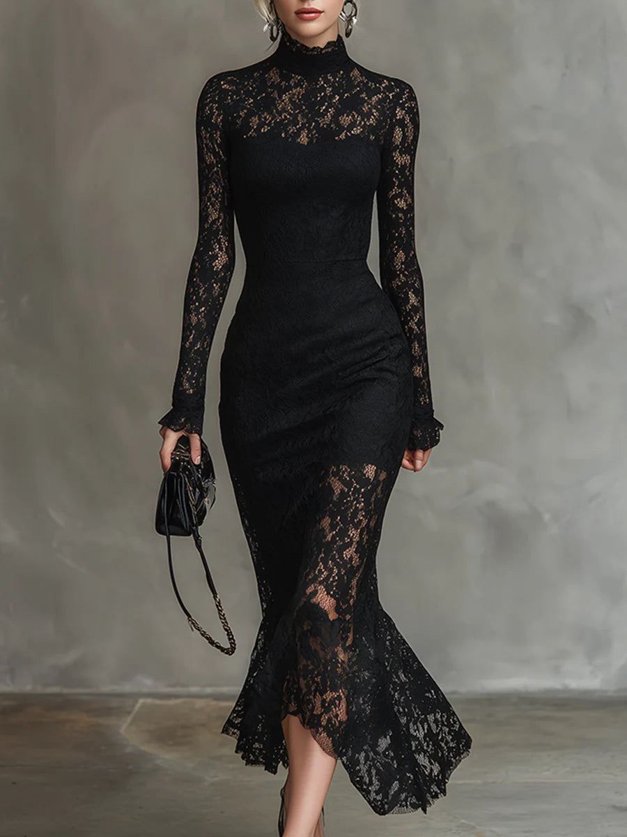 Mock Neck Long Sleeve Floral Lace Mermaid Ruffle Cuff Midi Dress