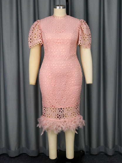 Lace Feather Trim Flutter Sleeve Mock Neck Midi Dress