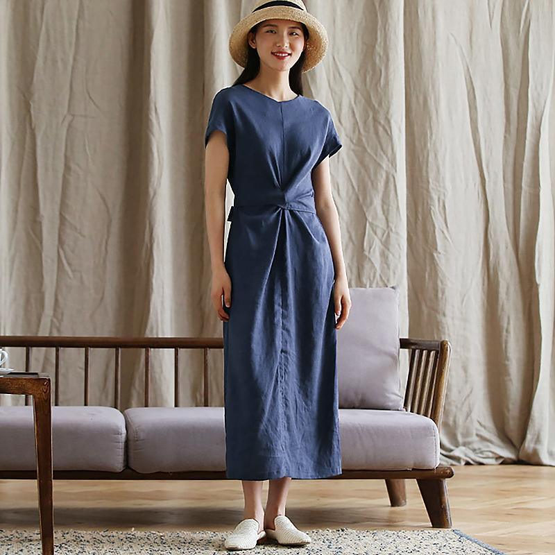 Round Neck Twist Front Knot Draped Linen Texture Midi Dress