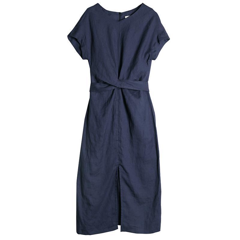 Round Neck Twist Front Knot Draped Linen Texture Midi Dress
