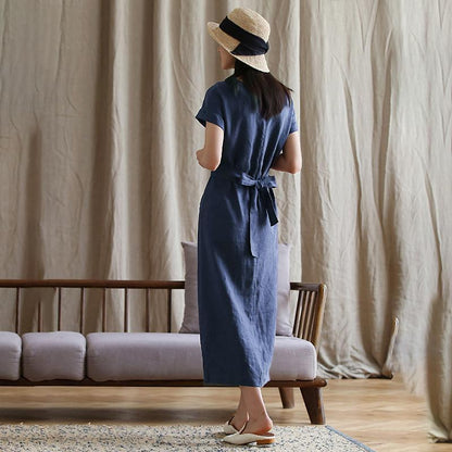 Round Neck Twist Front Knot Draped Linen Texture Midi Dress