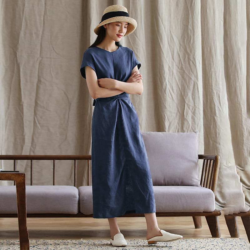 Round Neck Twist Front Knot Draped Linen Texture Midi Dress