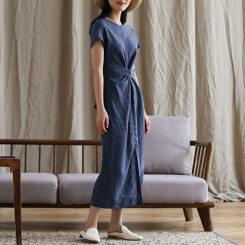 Round Neck Twist Front Knot Draped Linen Texture Midi Dress