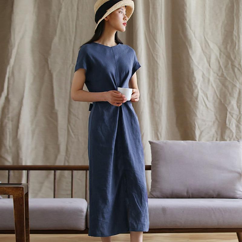 Round Neck Twist Front Knot Draped Linen Texture Midi Dress