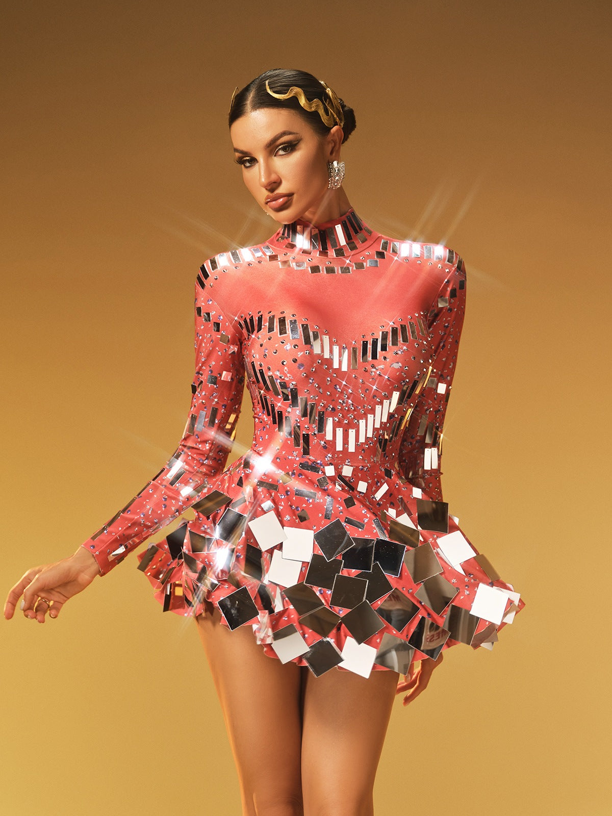 Mock Neck Illusion Sweetheart Mesh Long Sleeve Mirror Tile Flared Mini Dress