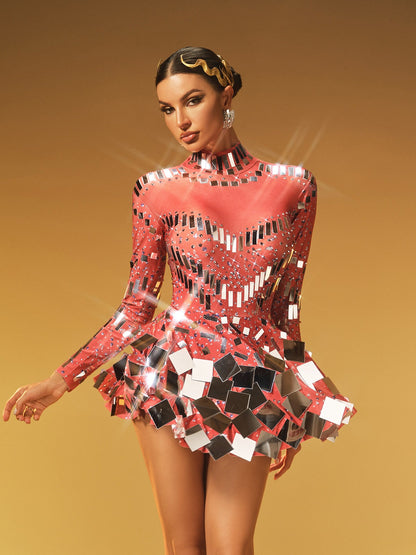 Mock Neck Illusion Sweetheart Mesh Long Sleeve Mirror Tile Flared Mini Dress