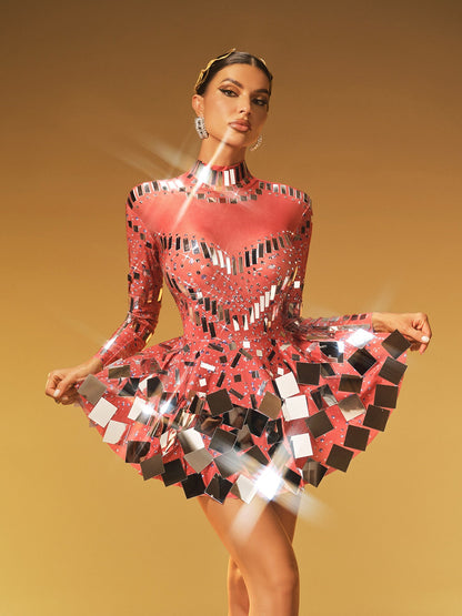 Mock Neck Illusion Sweetheart Mesh Long Sleeve Mirror Tile Flared Mini Dress