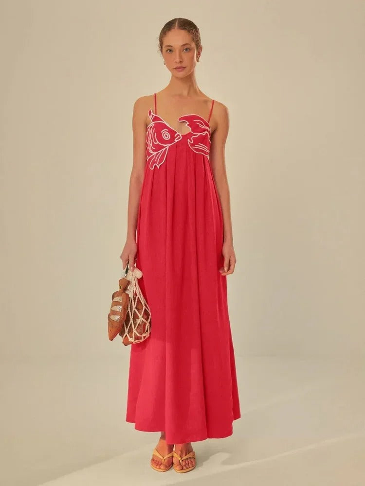 Fish Applique Spaghetti Strap Pleated Maxi Dress