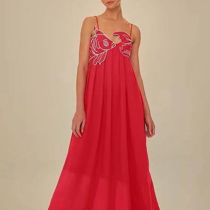 Fish Applique Spaghetti Strap Pleated Maxi Dress