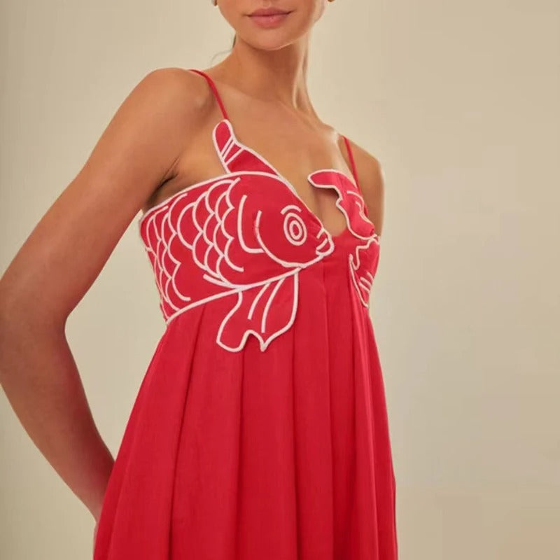 Fish Applique Spaghetti Strap Pleated Maxi Dress