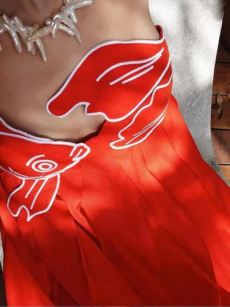 Fish Applique Spaghetti Strap Pleated Maxi Dress
